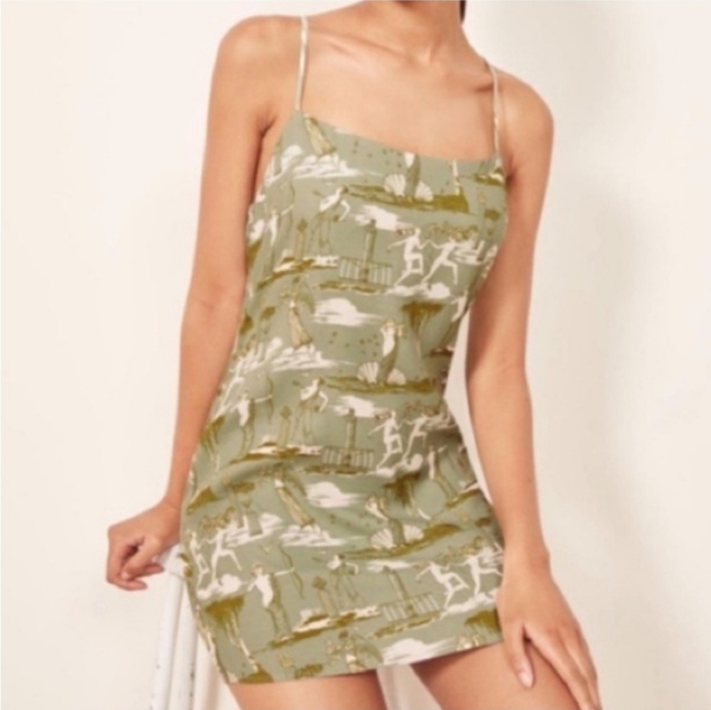 Reformation Lindsay Green Grecian Print Mini Dress size 12 XL